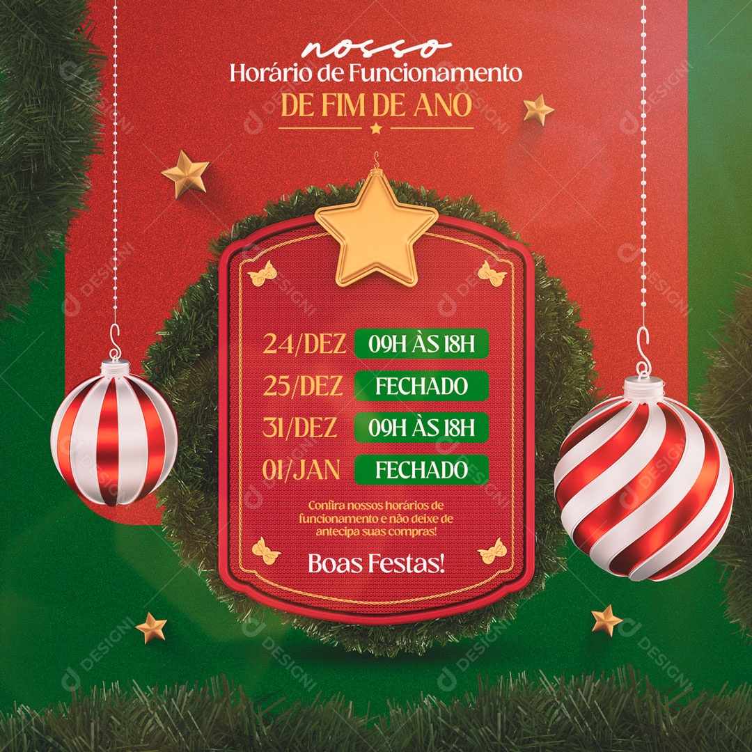 Social Media Nosso Horário De Funcionamento De Fim De Ano Boas Festas PSD Editável