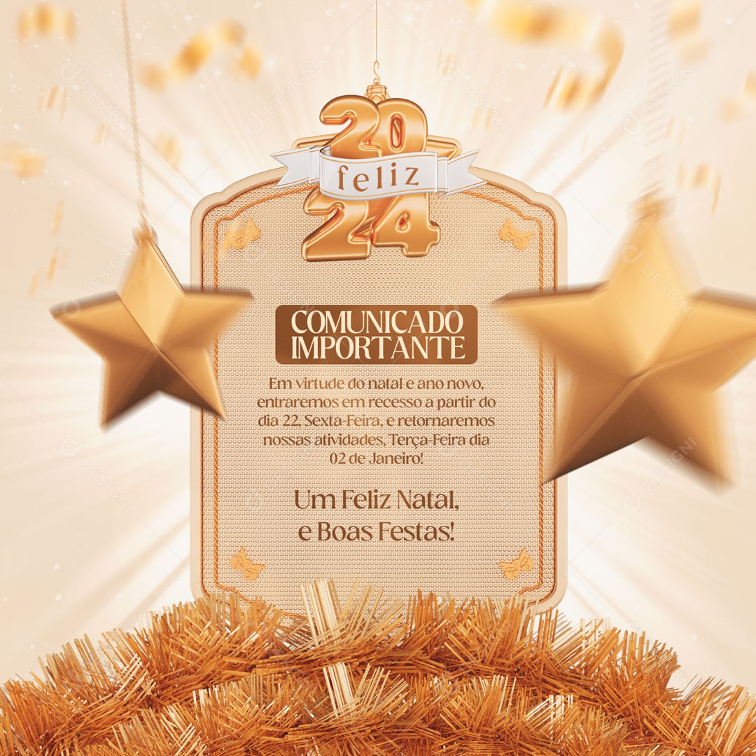 Social Media Feliz 2024 Comunicado Importante Feliz Natal e Boas Festas PSD Editável