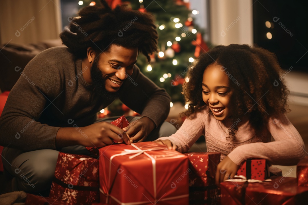 Pai e filha abrindo presentes de natal
