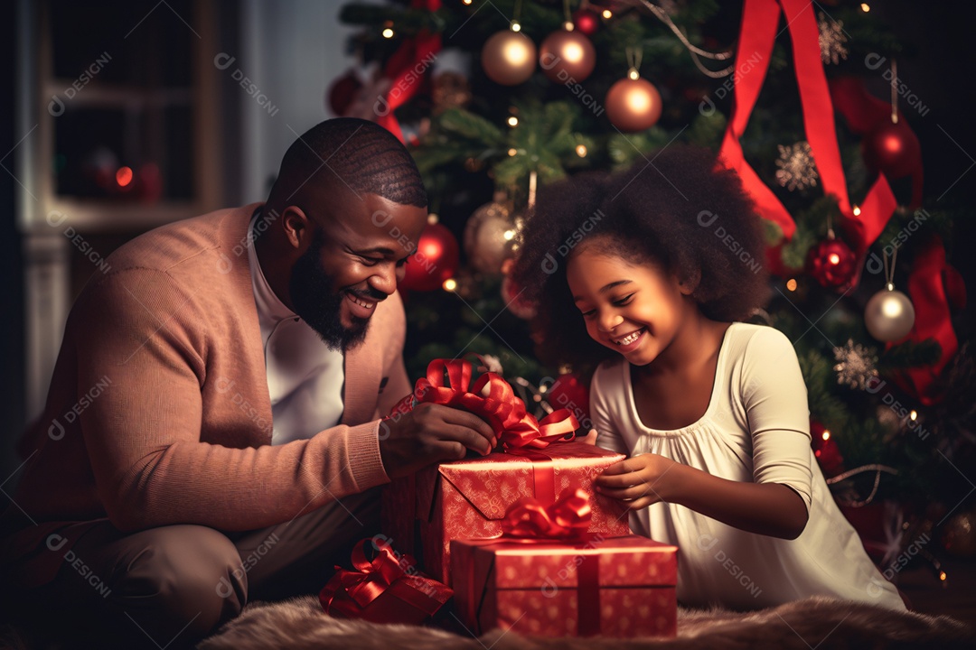Pai e filha abrindo presentes de natal