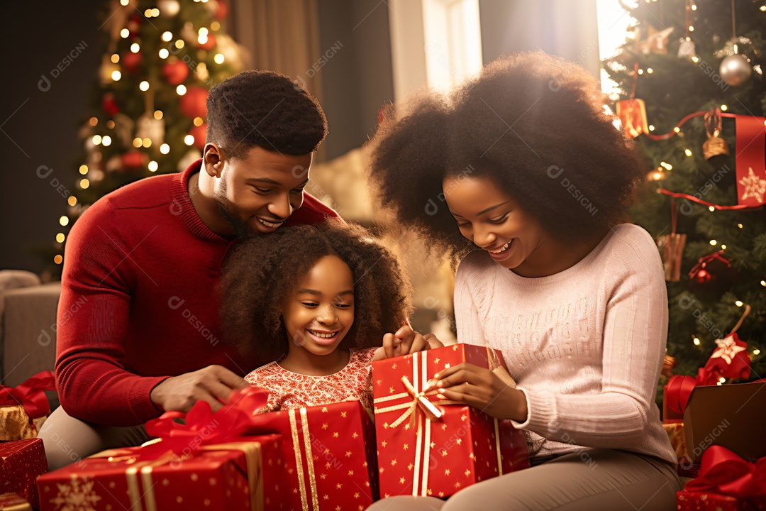 Pai e filha abrindo presentes de natal