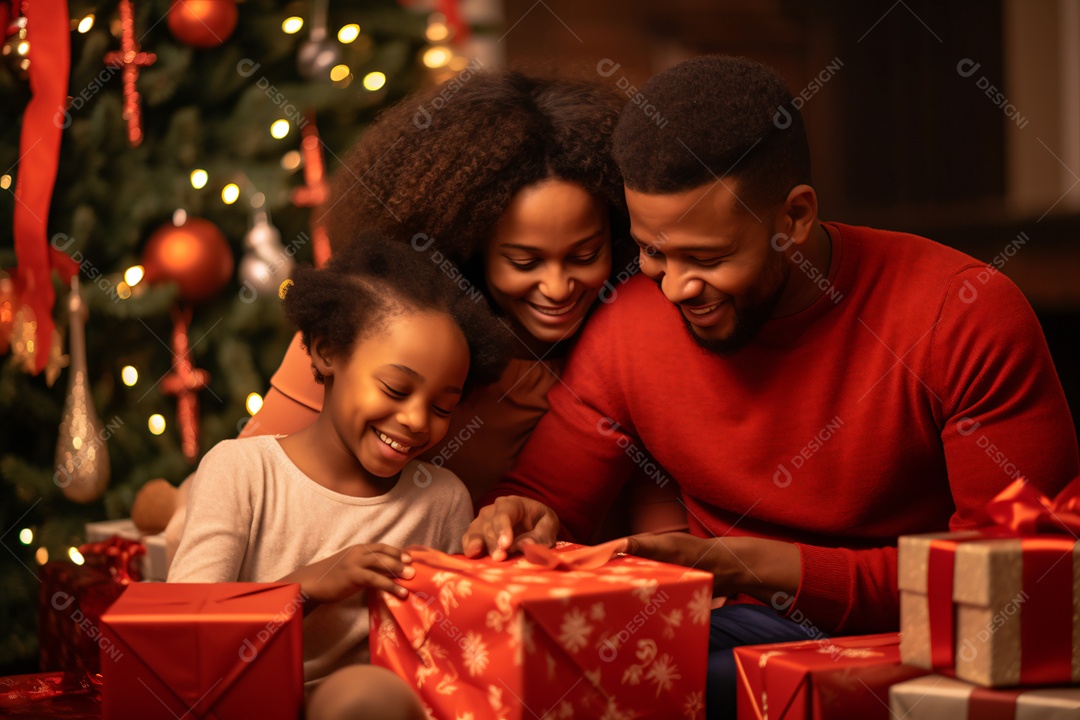 Pai e filha abrindo presentes de natal