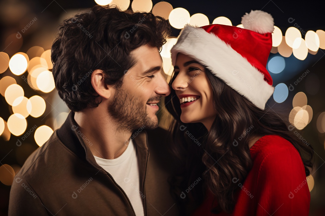Casal sorridentes na noite de natal