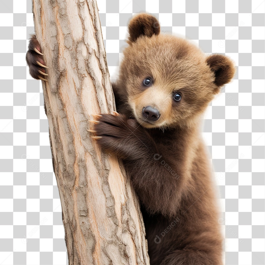 Urso Cinzento Filhote em Tronco de Árvore Animal Silvestre PNG Transparente