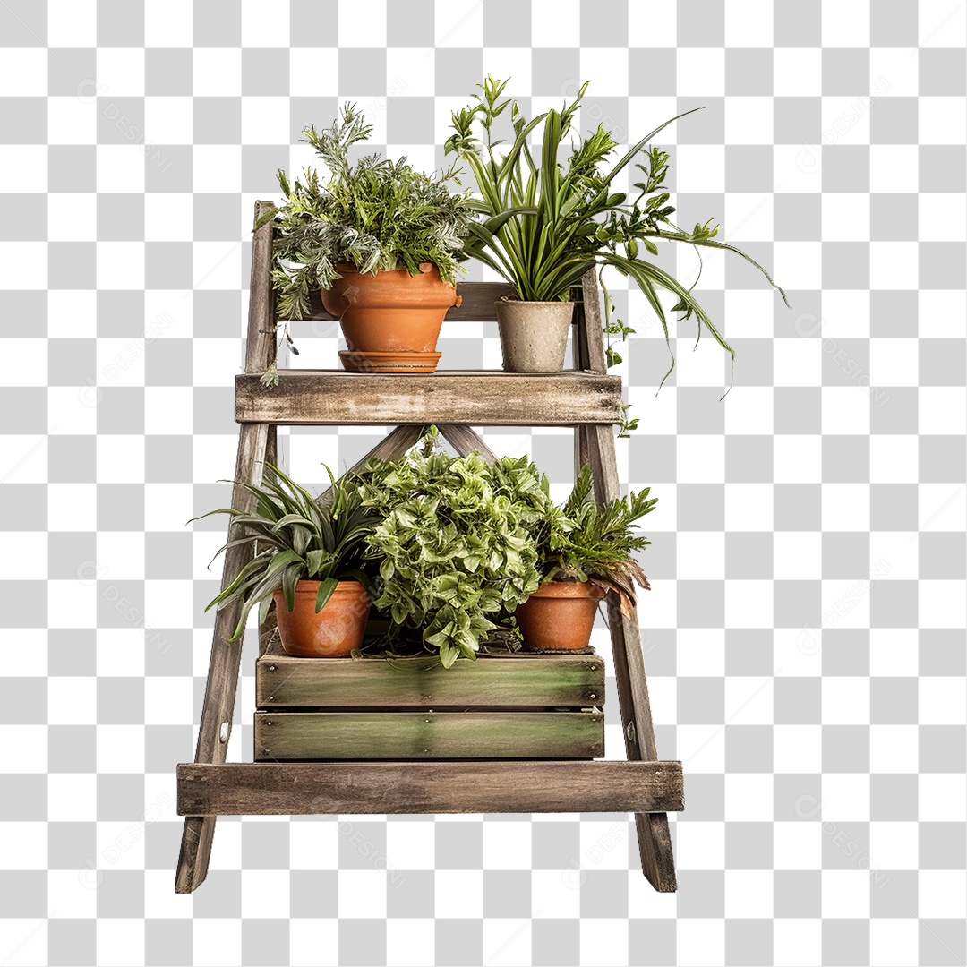 Estante de Madeira com Mudas de Plantas PNG Transparentes