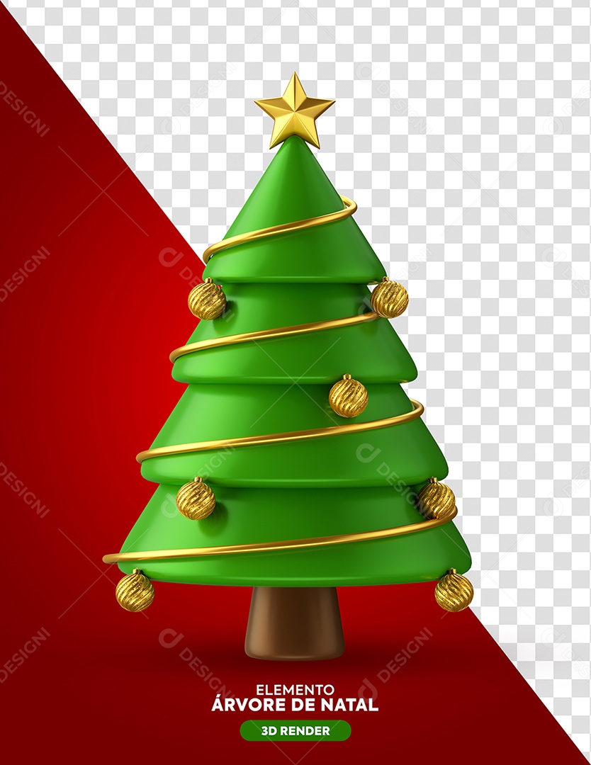 Arvore de Natal com Estrela e Bolas Douradas Elemento 3D para Composição PSD