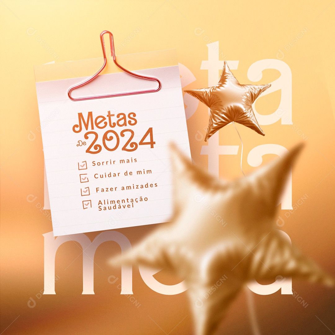 Metas De 2024 Sorrir Mais Cuidar de Mim Fazer Amizades Alimentação Saudável Social Media PSD Editável