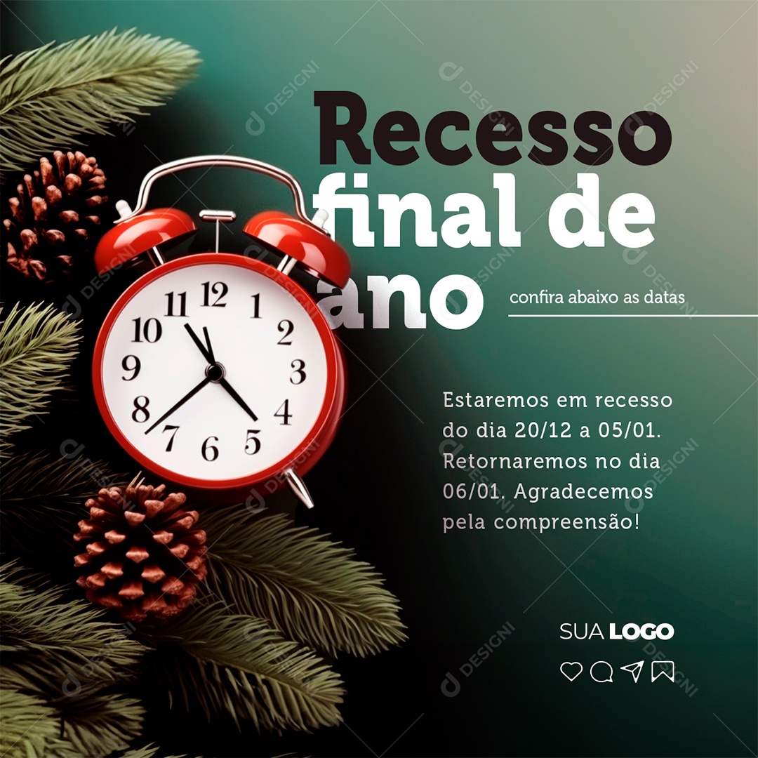 Recesso Final de Ano Estaremos em Recesso Retornaremos no Dia 06/01 Social Media PSD Editável