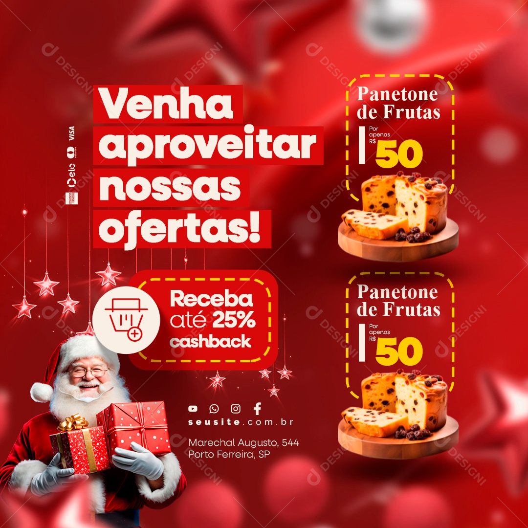 Supermercado Panetone de Frutas Venha Aproveita nossas Ofertas Natal Social Media PSD Editável