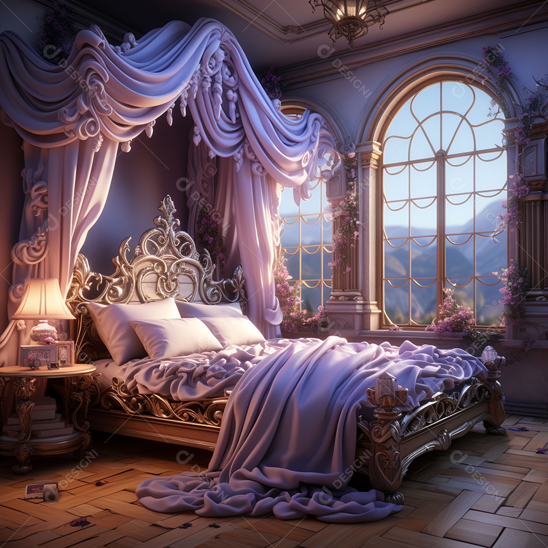 Uma cama de princesa uma cama de cortina de renda vista lateral