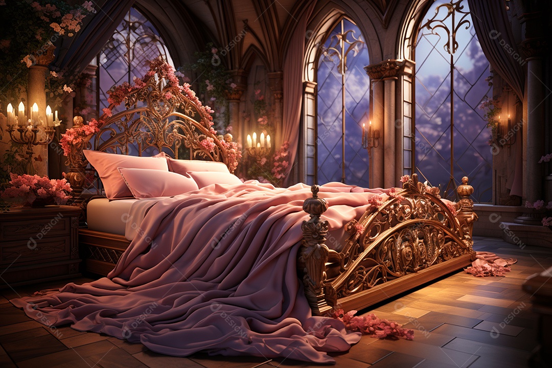 Uma cama de princesa uma cama de cortina de renda vista lateral