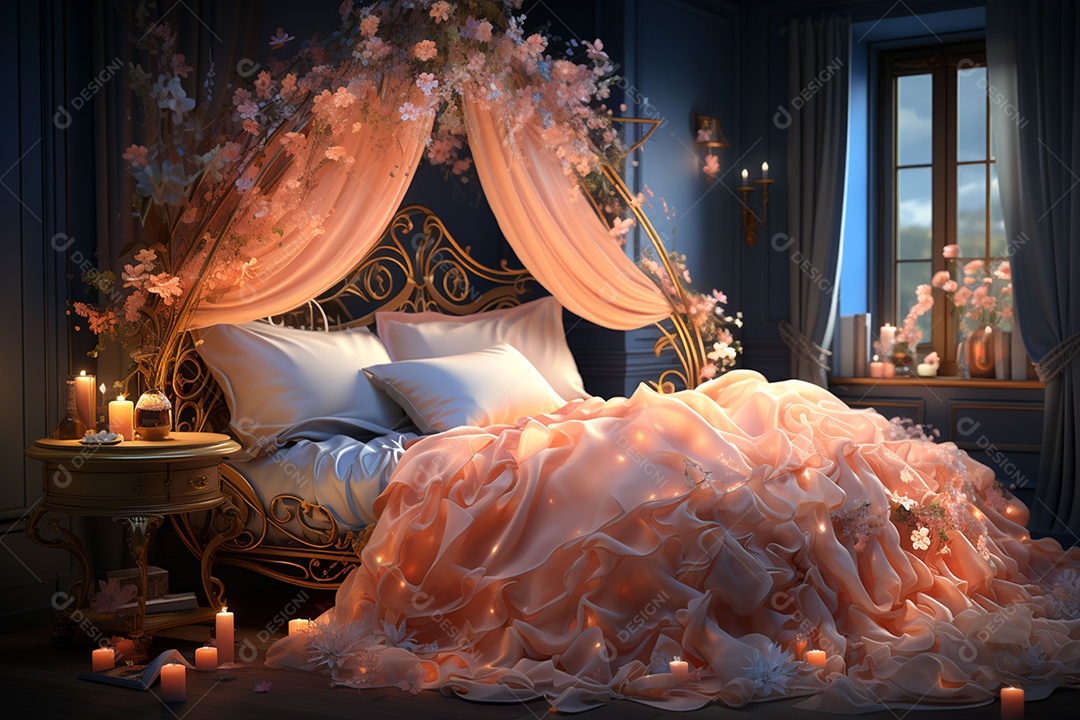 Uma cama de princesa uma cama de cortina de renda vista lateral