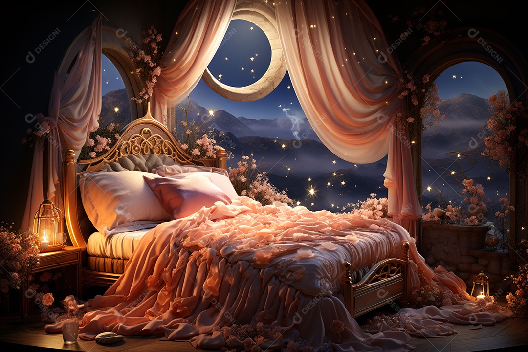 Uma cama de princesa uma cama de cortina de renda vista lateral