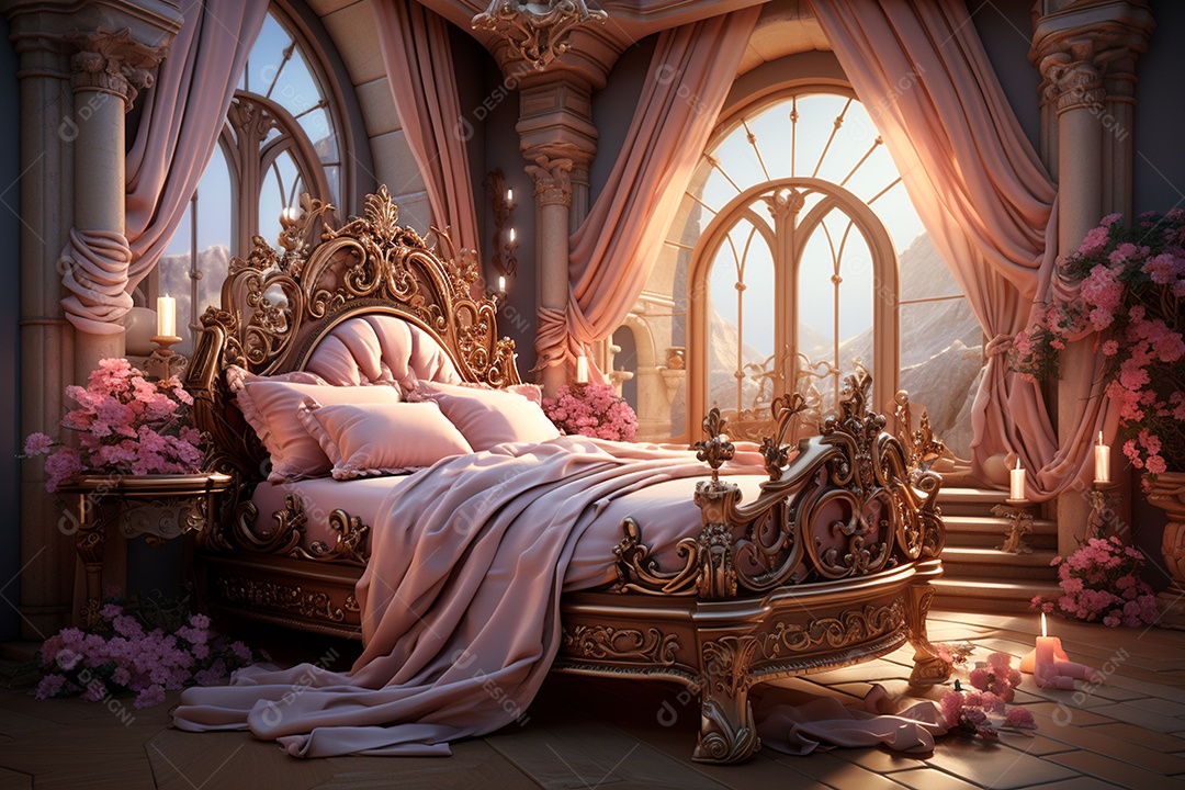 Uma cama de princesa uma cama de cortina de renda vista lateral