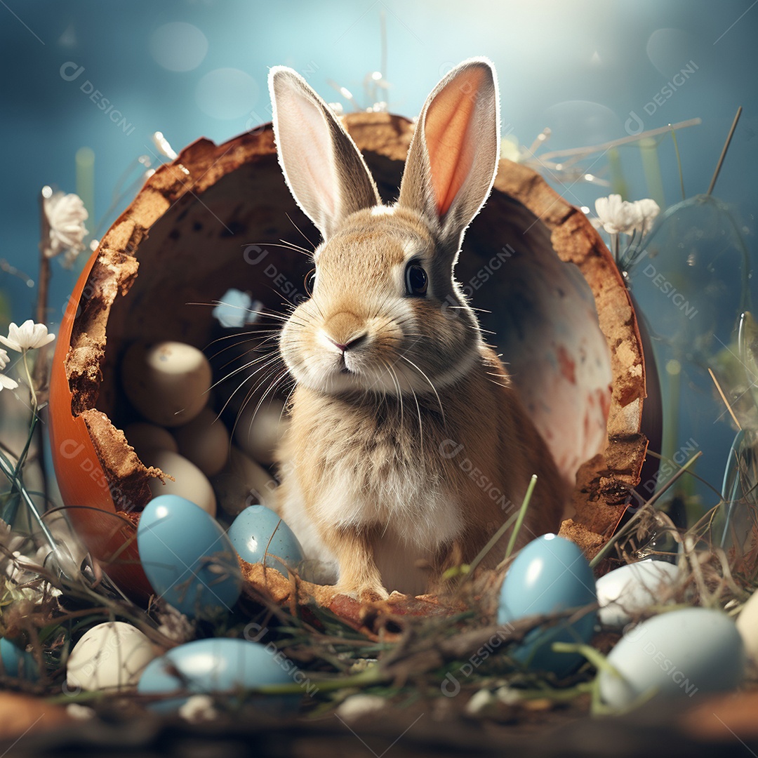 Um coelho dentro de um ovo de páscoa rachado