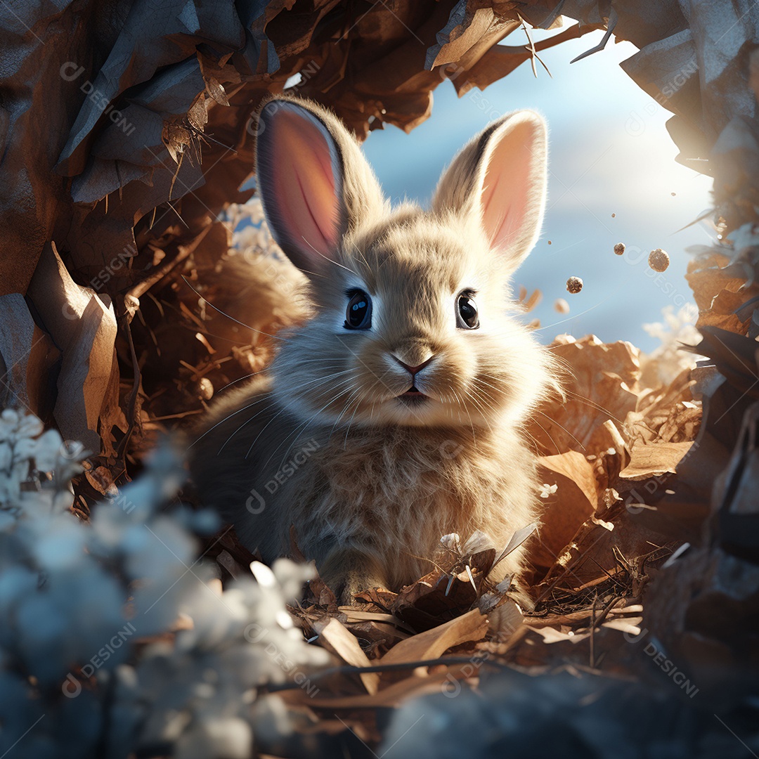 Um coelho dentro de um ovo de páscoa rachado