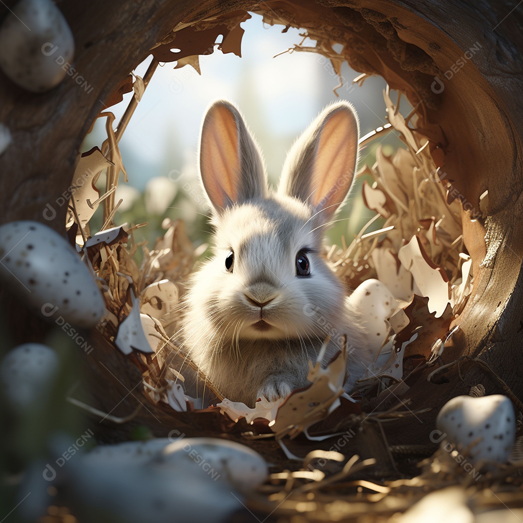 Um coelho dentro de um ovo de páscoa rachado
