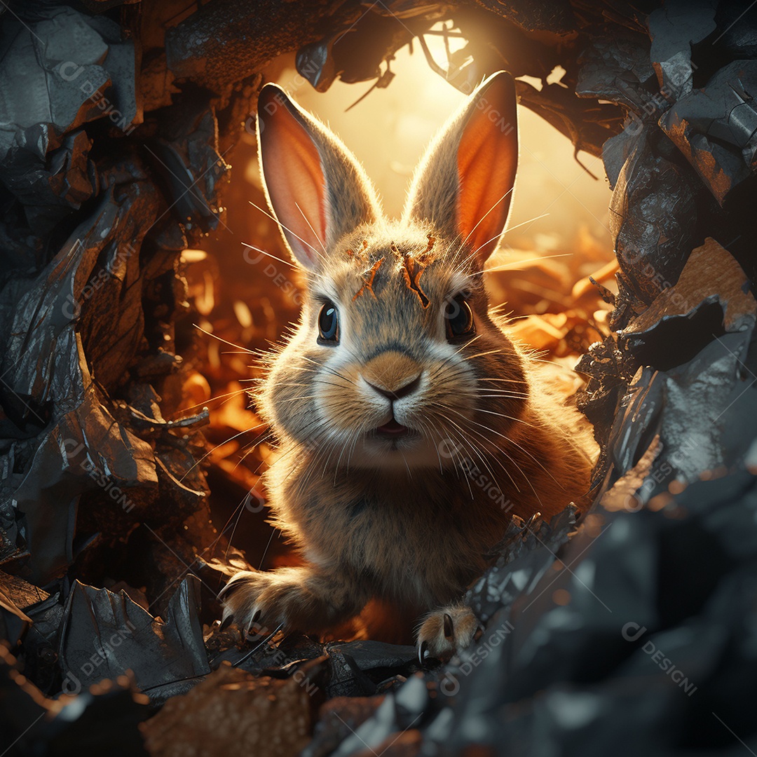 Um coelho dentro de um ovo de páscoa rachado