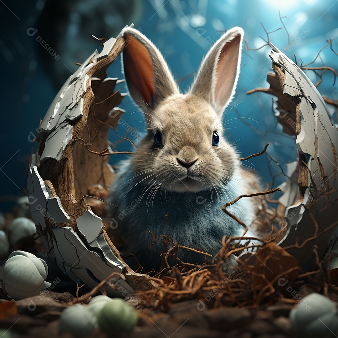 Um coelho dentro de um ovo de páscoa rachado