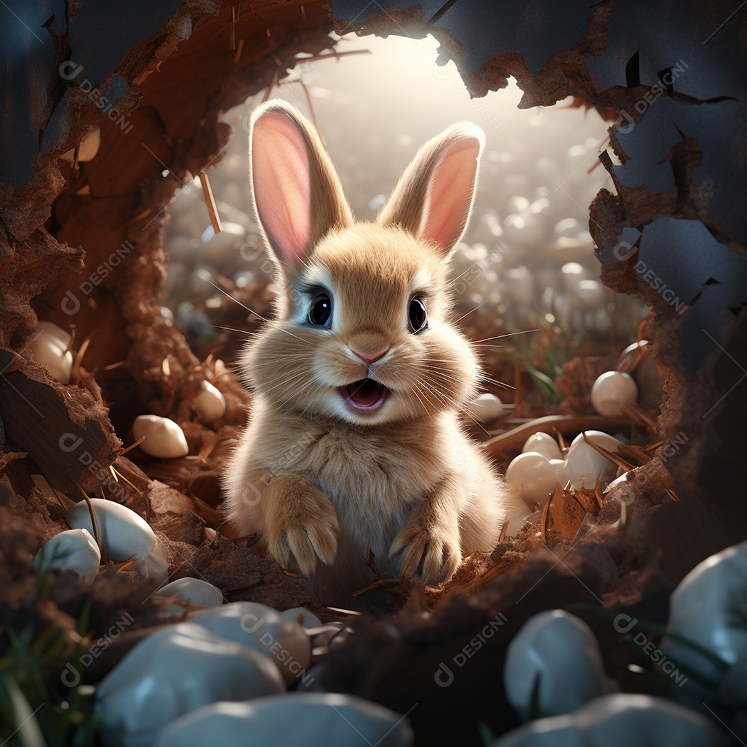 Um coelho dentro de um ovo de páscoa rachado