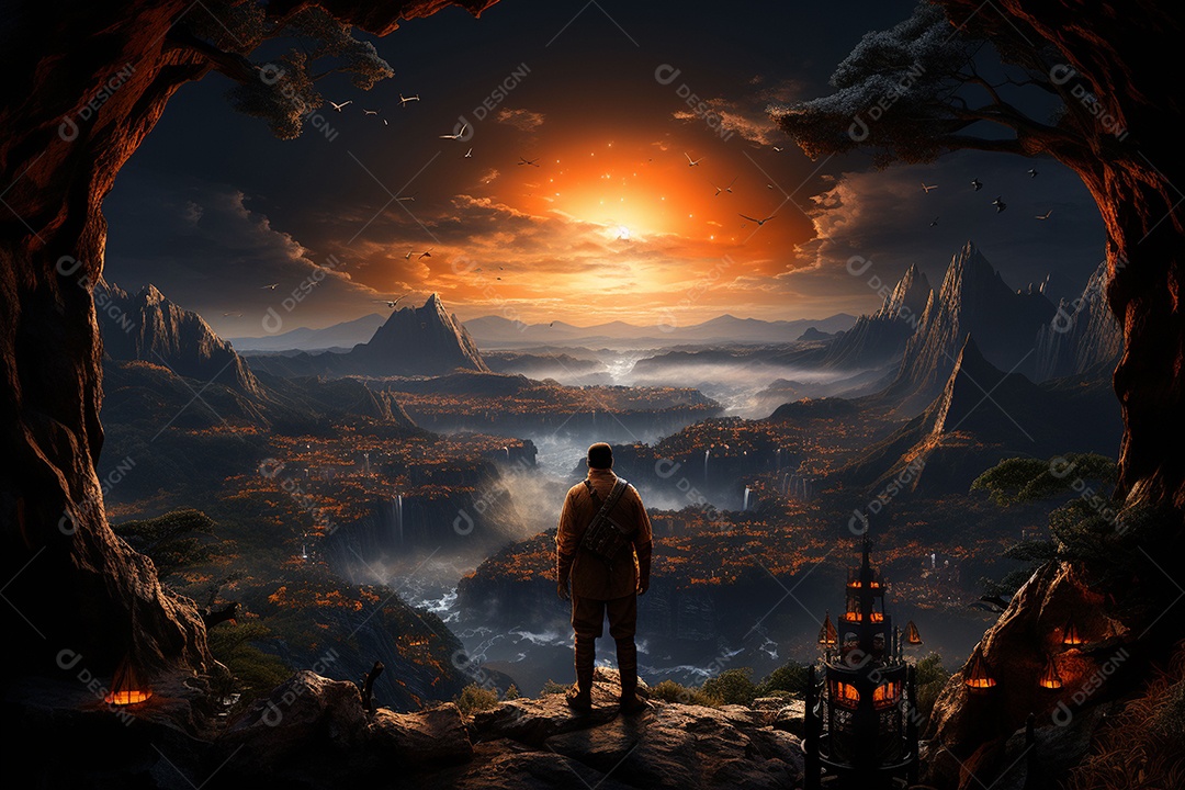 Um guerreiro de ficção científica vendo o mundo da ficção científica