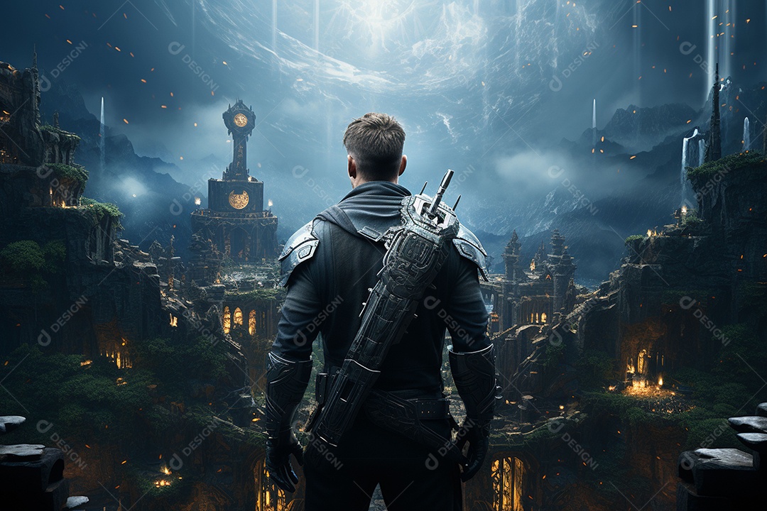 Um guerreiro de ficção científica vendo o mundo da ficção científica