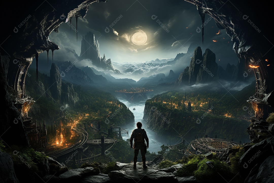 Um guerreiro de ficção científica vendo o mundo da ficção científica