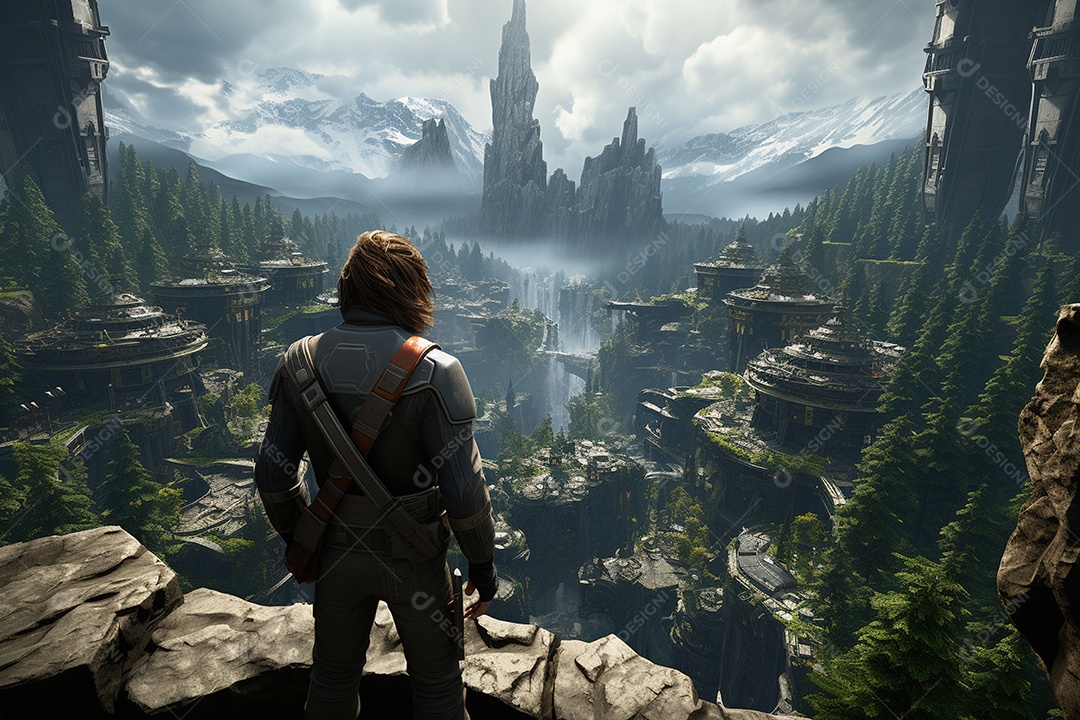 Um guerreiro de ficção científica vendo o mundo da ficção científica