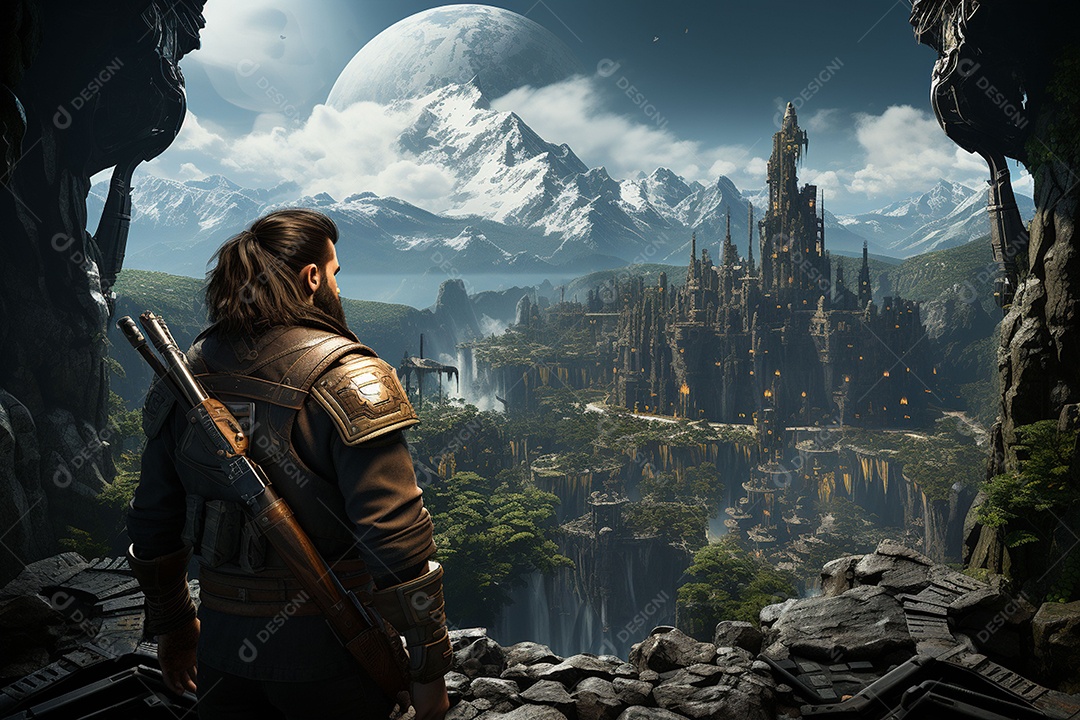 Um guerreiro de ficção científica vendo o mundo da ficção científica