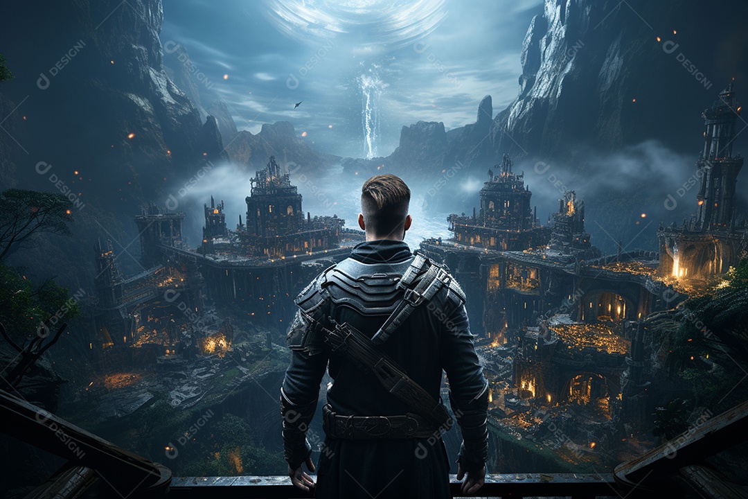 Um guerreiro de ficção científica vendo o mundo da ficção científica