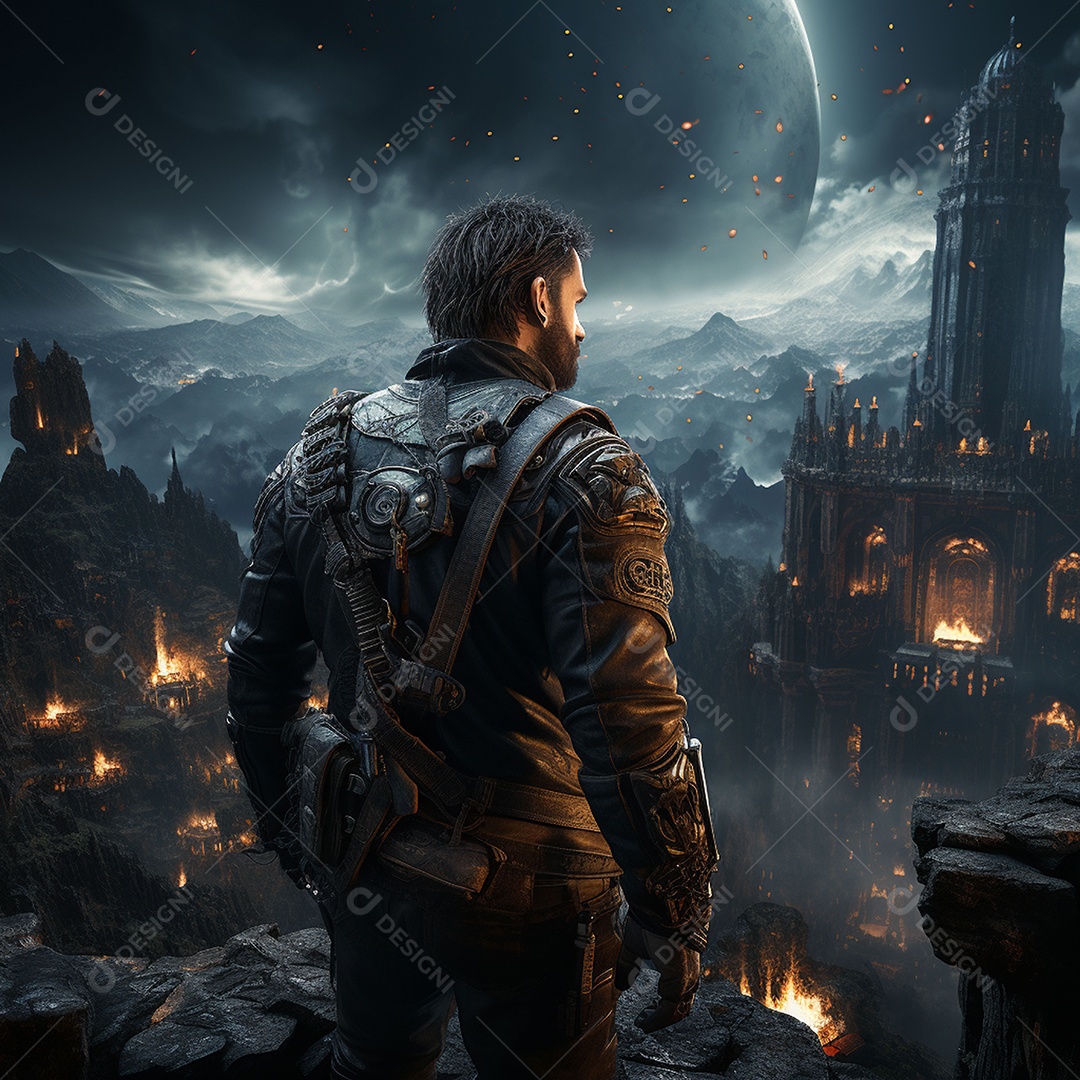 Um guerreiro de ficção científica vendo o mundo da ficção científica