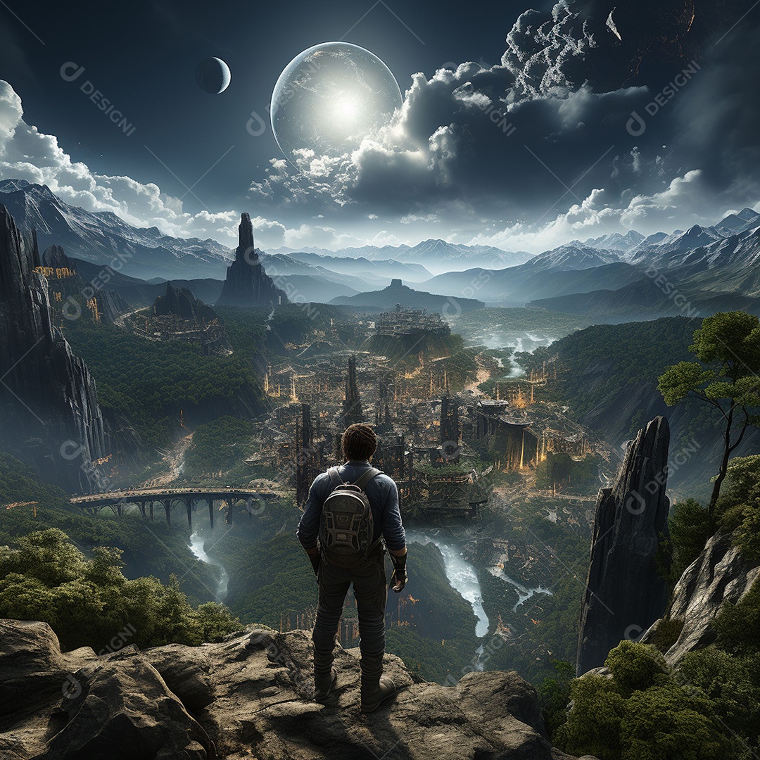 Um guerreiro de ficção científica vendo o mundo da ficção científica