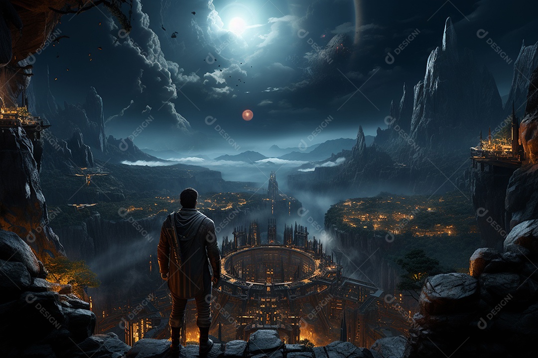 Um guerreiro de ficção científica vendo o mundo da ficção científica