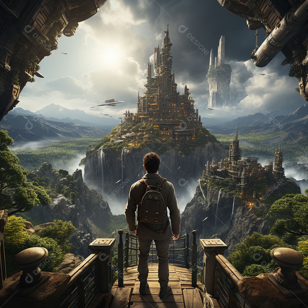 Um guerreiro de ficção científica vendo o mundo da ficção científica