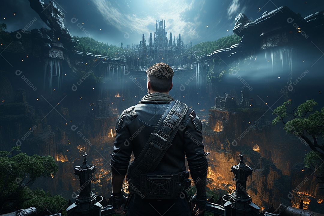 Um guerreiro de ficção científica vendo o mundo da ficção científica