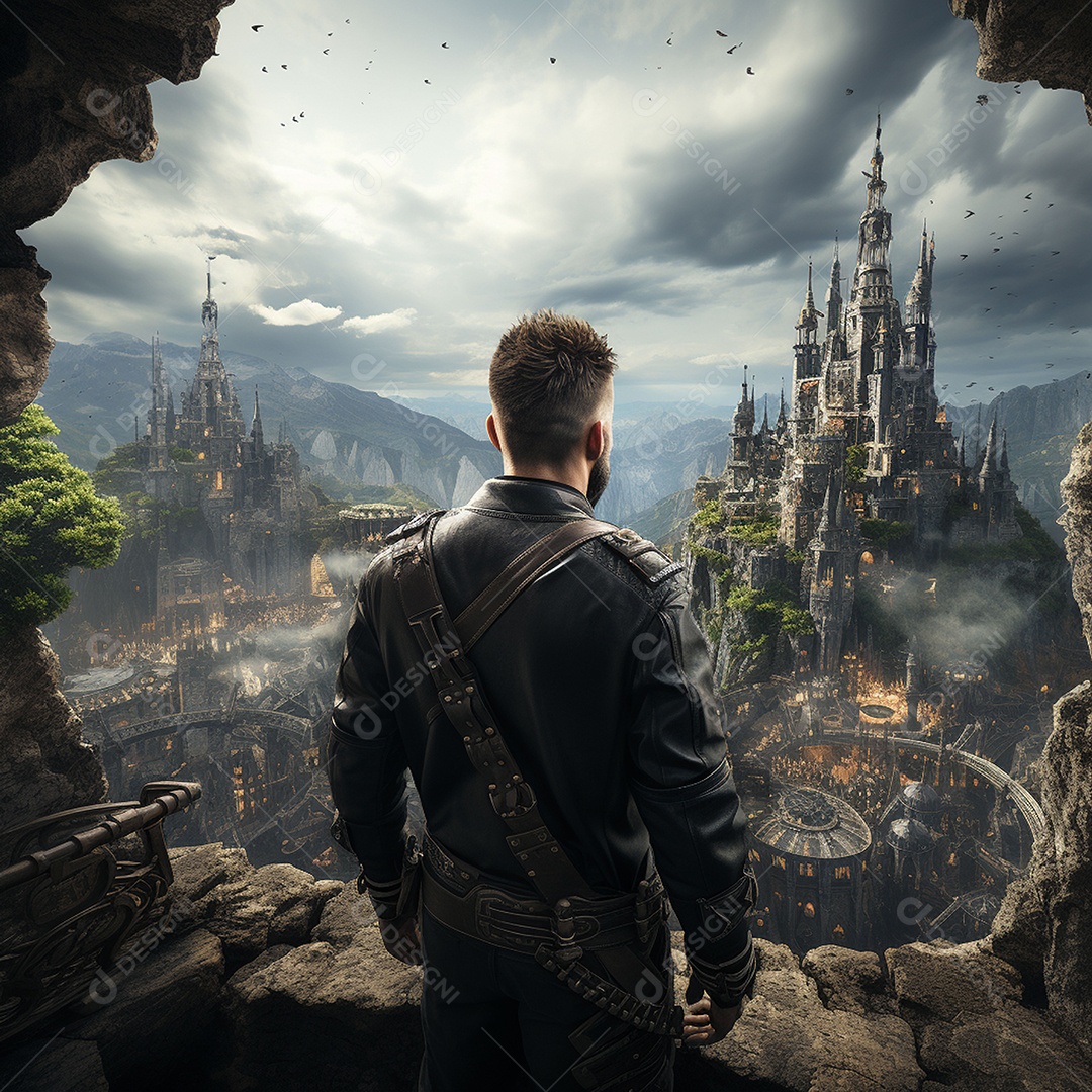 Um guerreiro de ficção científica vendo o mundo da ficção científica