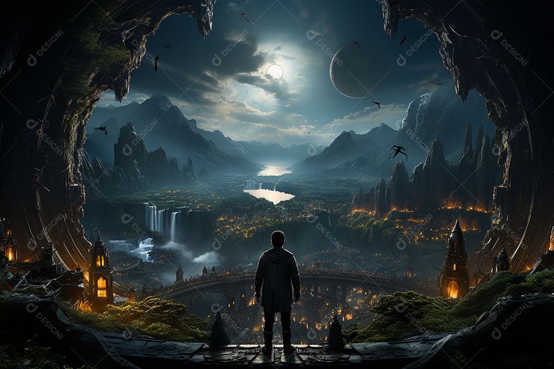 Um guerreiro de ficção científica vendo o mundo da ficção científica