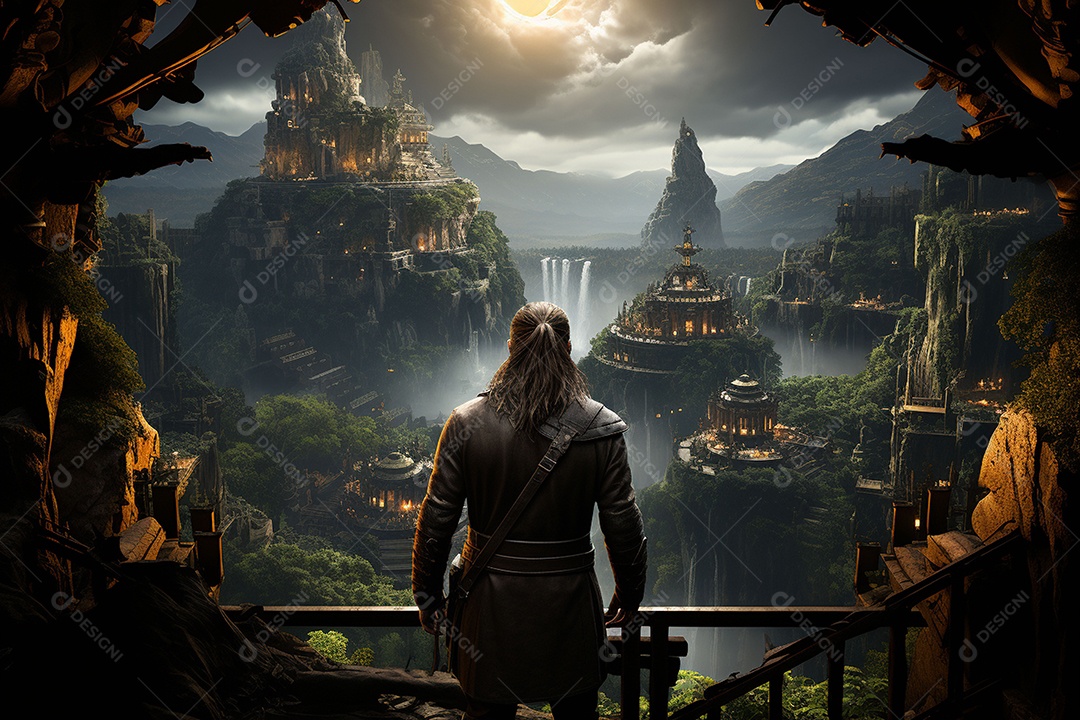 Um guerreiro de ficção científica vendo o mundo da ficção científica