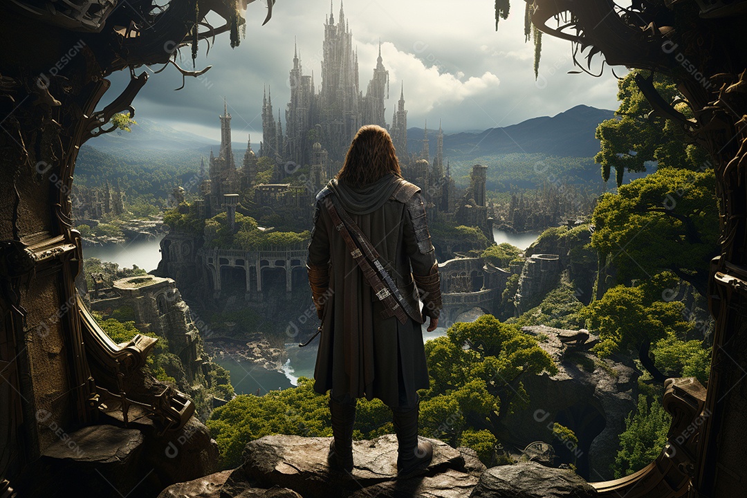 Um guerreiro de ficção científica vendo o mundo da ficção científica