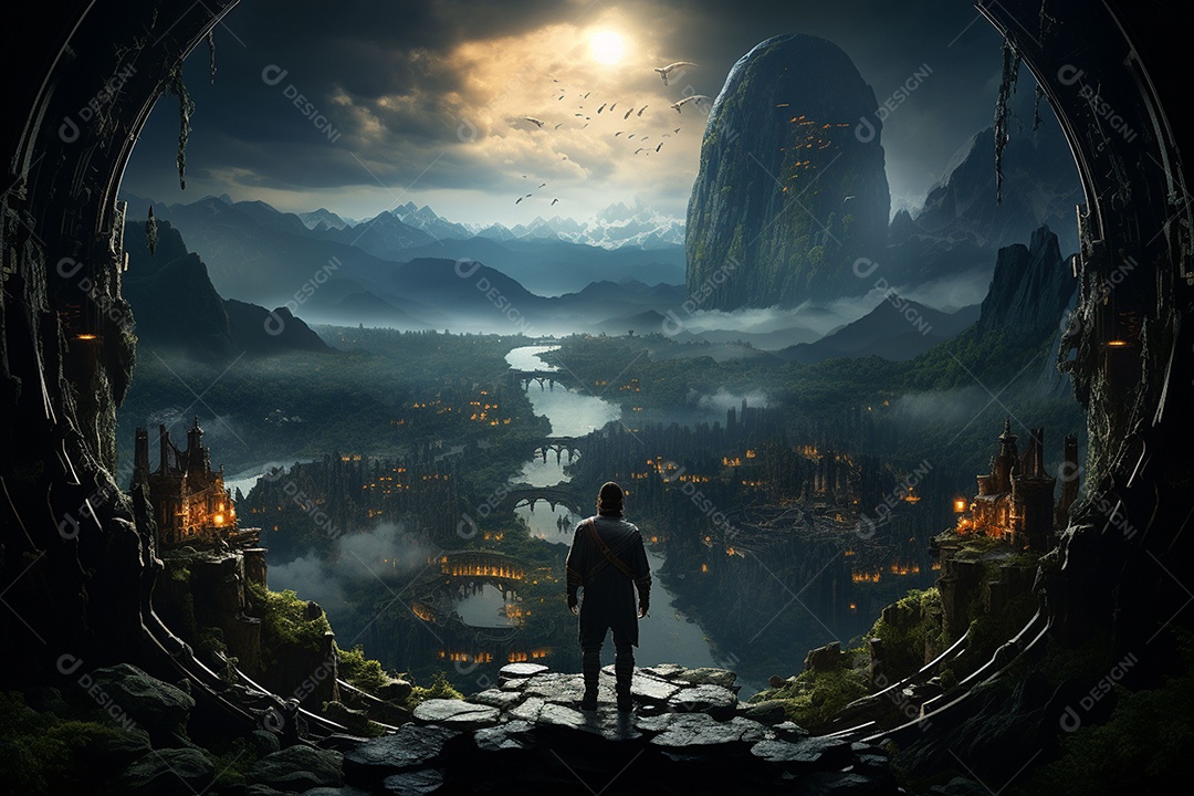 Um guerreiro de ficção científica vendo o mundo da ficção científica