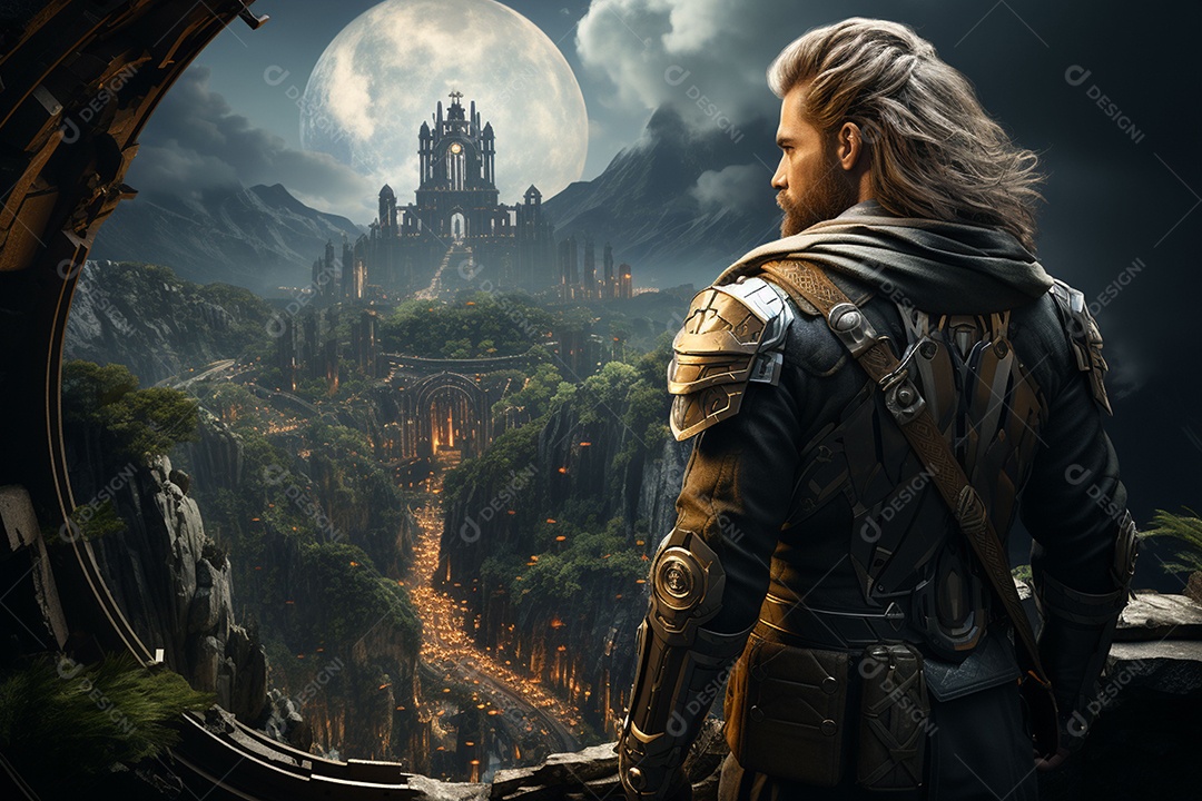 Um guerreiro de ficção científica vendo o mundo da ficção científica