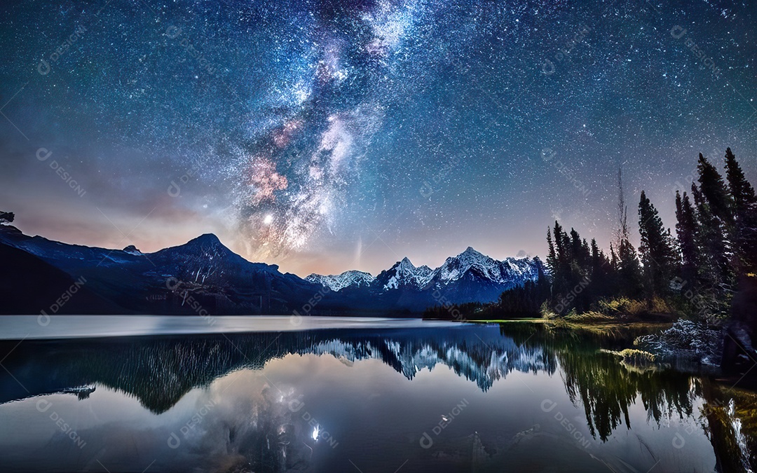 Lago à noite com céu estrelado