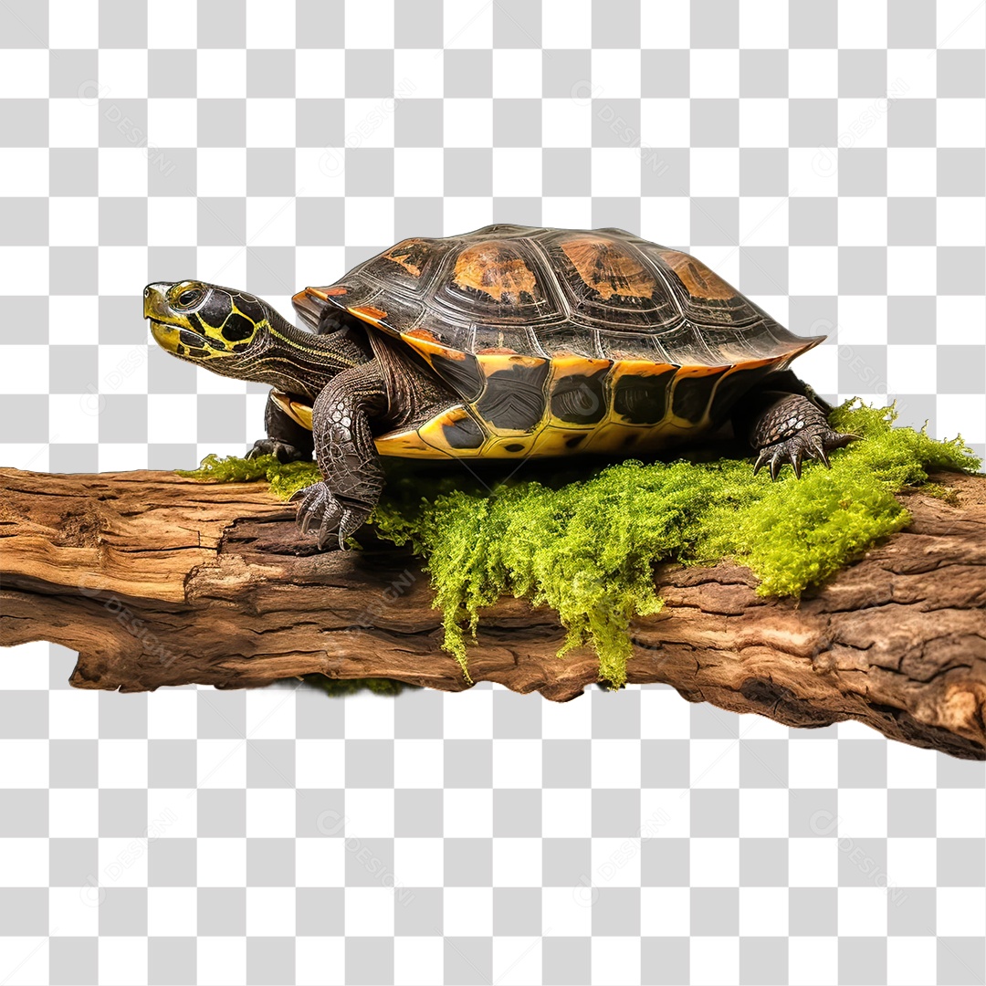 Tartaruga em Cima de Tronco de Madeira PNG Transparente