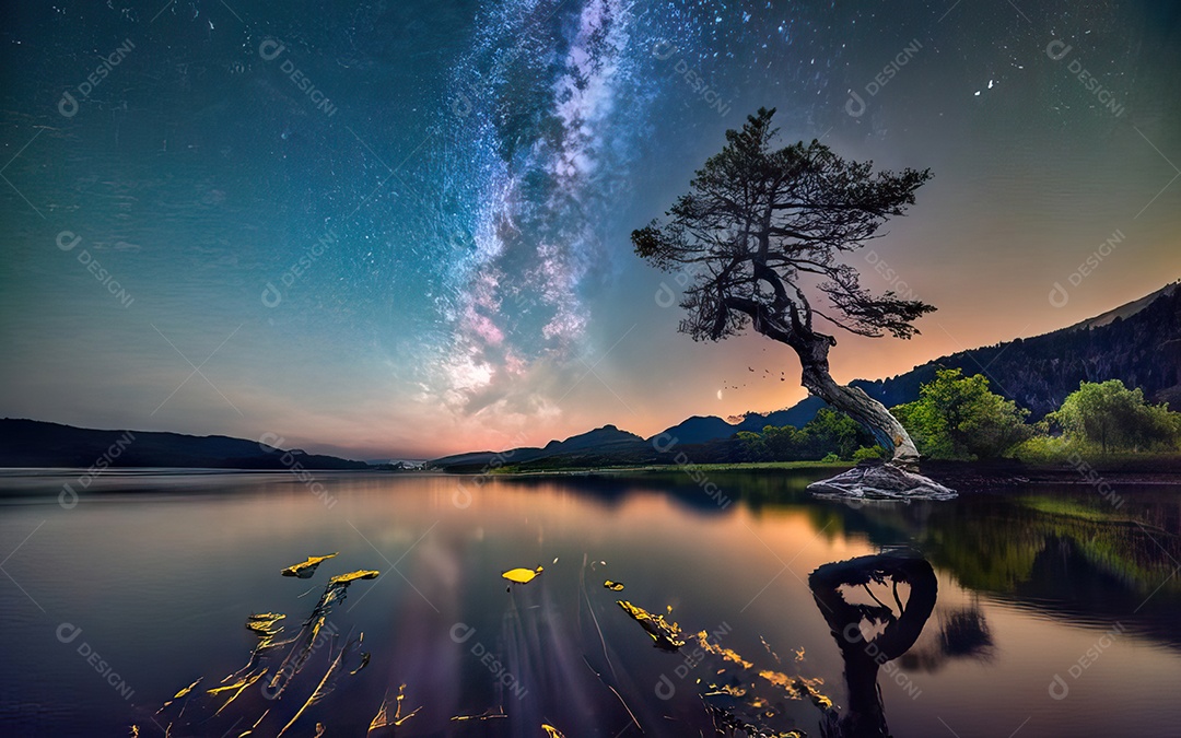 Lago à noite com céu estrelado