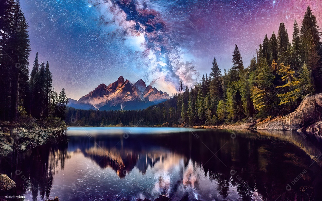 Lago à noite com céu estrelado