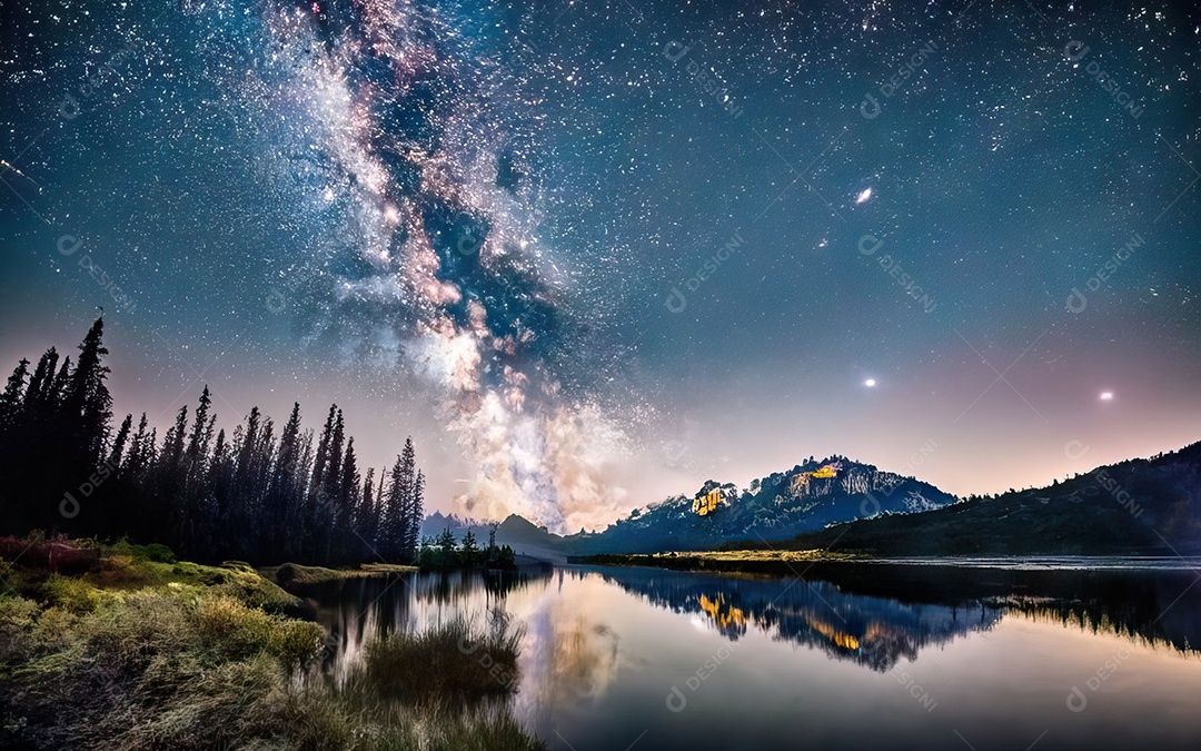 Lago à noite com céu estrelado