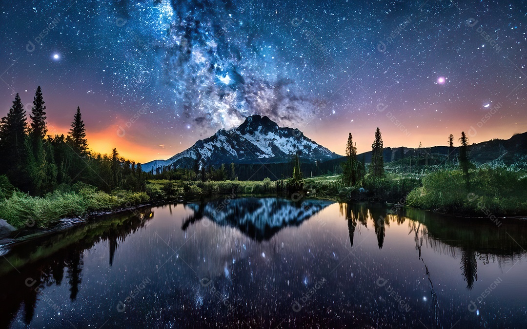 Lago à noite com céu estrelado