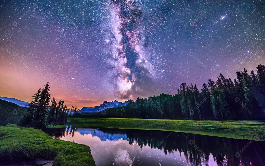 Lago à noite com céu estrelado