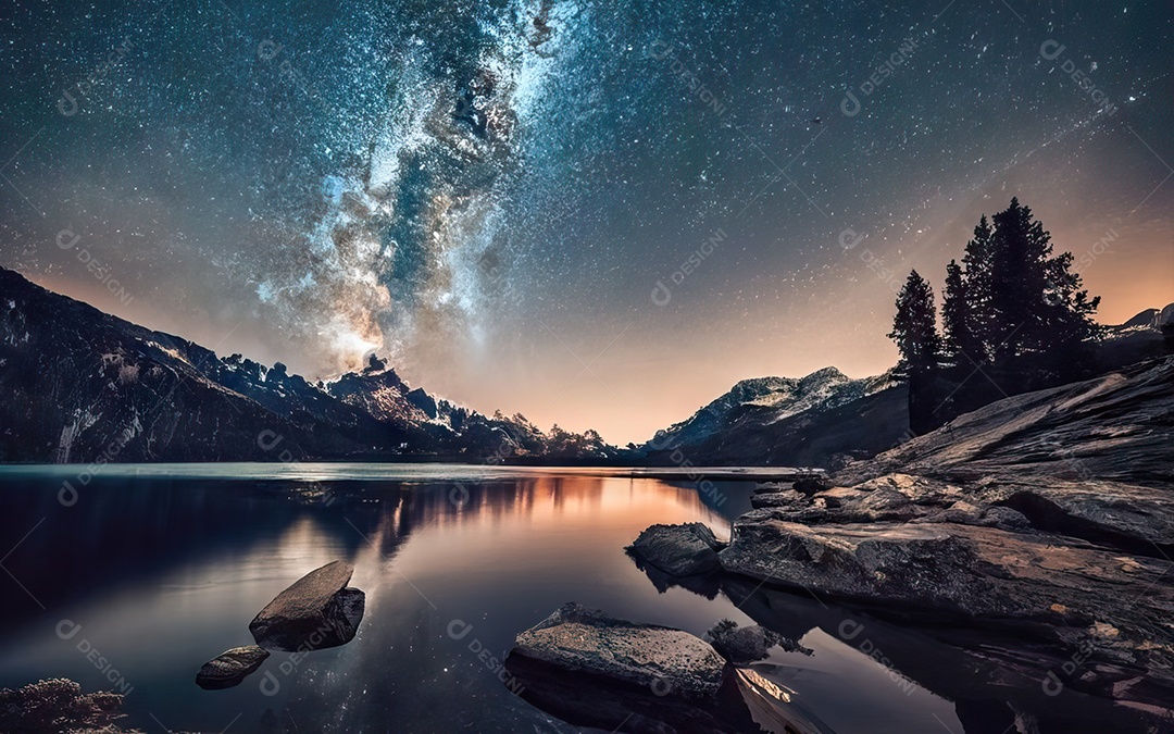 Lago à noite com céu estrelado