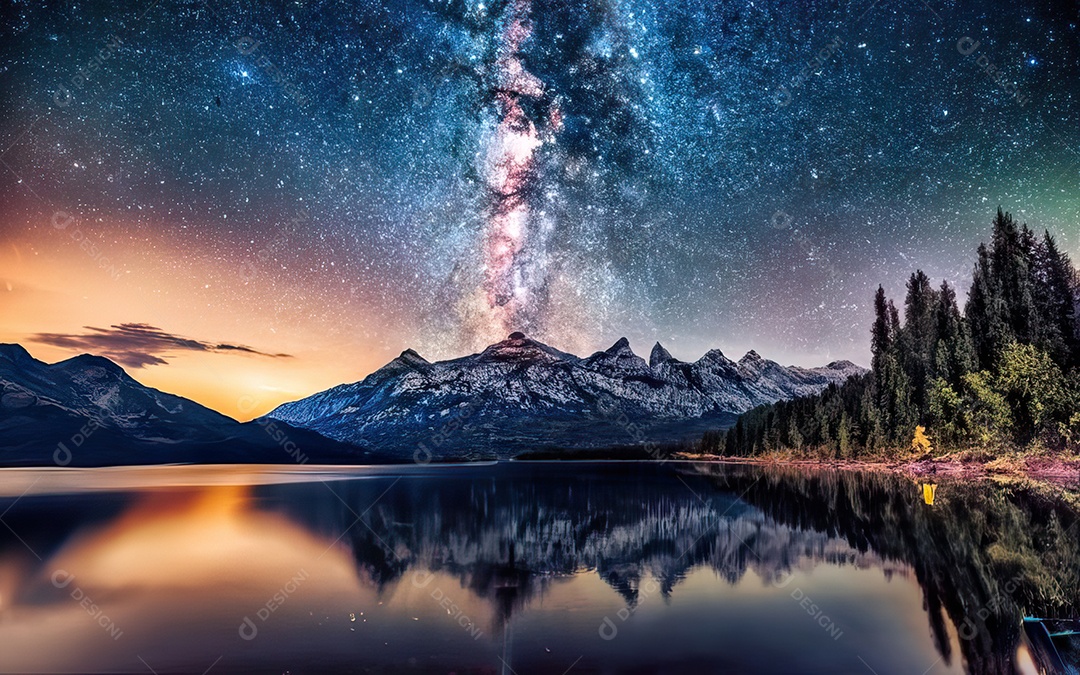 Lago à noite com céu estrelado